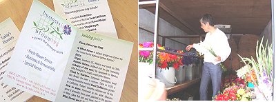 (Left) Informational cards with flower names and fun facts are included with each delivery. Culotta shops for new flowers in the Little Flowers Farm delivery truck. Business Is Blooming
