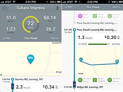 My drive from the Lansing Town Hall (right) to the gas station next to Lansing Market the other day cost me 30 cents in gas.  My mileage wasn't so swell, but I didn't brake or accellerate too fast.  But my weekly average (left) is much better at 26 mpg, pretty good for mixed village and rural driving in a Subaru. automatic_screens