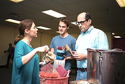 The cast of RED in rehearsal with the Hangar Theatre's new artistic director Jen Waldman (left).  Paul-Emile Cendron (center) and David Studwell as Mark Rothko.  Photo credit: Rachel Philipson  hangar_red400