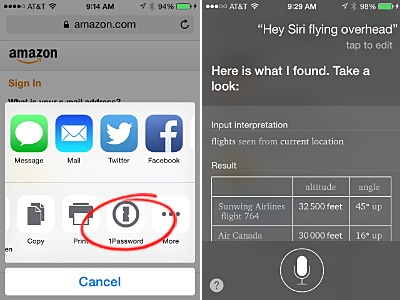 Apps like 1Password are much more integrated in iOS8.  But Siri is still a mixed bag, even though you can activate her without looking at or touching the screen any more (if you time your commands just right). ios_1pw-siriflying