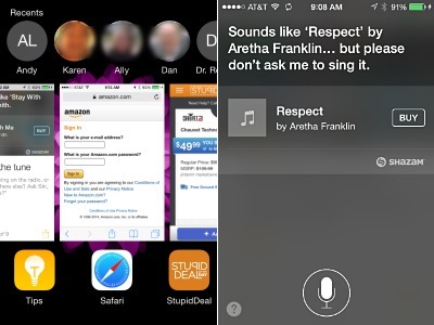 Double click the Home button (below the touch screen on your phone) and you now get shortcuts to call or text.  Siri can identify songs now. ios_multitask-siri