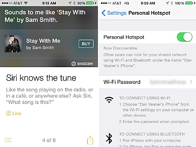 The Tips app told me about asking Siri to identify tunes, and it gets new tips weekly.  You can turn your phone into a wifi hot spot, but beware of data charges. ios_tips-hotspot