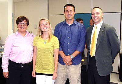 Superintendent Chris Pettograsso, Elementary Art Teacher Brittany Novitzki, high School Science Teacher Kyle Rizzo, Middle School Principal Jeff Evener