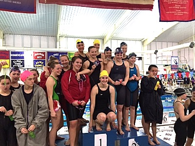 Kieper, Dennis, Allen, Ferris win the 400 Free Realy swimi43 400FreeRealyPodiumKieperDennisAllenFerris
