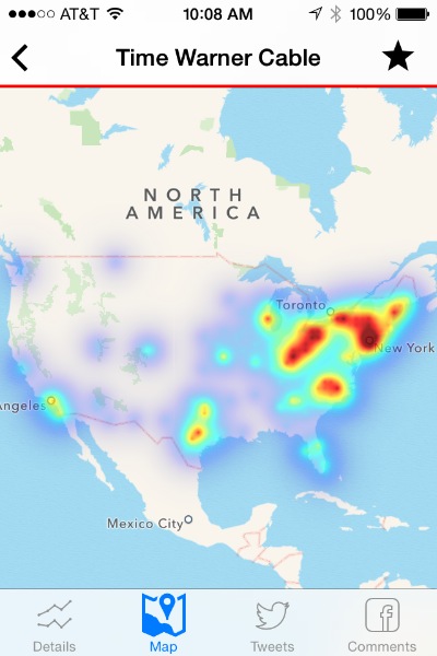 Users used a phone app from downdetector.com to monitor the outages Wednesday. twcout_map