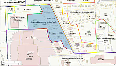 The blue shaded area is the proposed Commercial Medium traffic district. Click for larger image. villagemdczoning map400