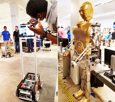 This build of the ModBot looks like an iPod on a traveling stand, similar to one shown in an episode of TV's The Big Band Theory.  But this one really works.  At right is another familiar face.