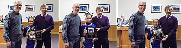 First Place Stunt Off plaque was presented to Steve Colt (at left) and Ed LaVigne (at right) by Brooklyn Walker (left), Senior Third Place plaque presented by Lillee Gould (center), and Junior First Place plaque was presented by Riley Bowman (right). Lansing Cheerleaders