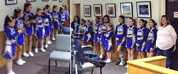Lansing Recreation Department cheerleaders lined the walls of the Town courtroom Wednesday to say thank you for help purchasing their new uniforms and equipment, and to present winning plaques from the YFL Cheerleading Competition a few weeks ago. Lansing Cheerleaders