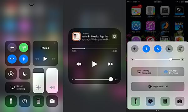 In iOS10 (right) you swiped upward from the bottom to get a handy screen for quick settings changes or access to apps and features such as the flashlight. You had to swipe left to see the audio screen where you could access airplay devices on the same network, start and pause music, and control volume. iOS11 Control Center (left) is all on one screen. To access more controls you press and hold a control to view a screen (center) with more related options. Control Center