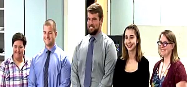 (Left to right) Superintendent of Schools Chris Pettograsso, Special Education teacher Matt Hartz, Physical Education teacher Miles Levesque, Elementary Education teacher, and District Business Administrator Kate Heath Hartz, Levesque, Mazur