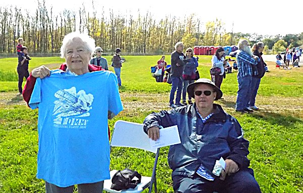 Lansing Town Historian Louise Bement models her new 'Tommy' T-shirt shortly before the historic flight Tommy Come Home Historic Centennial Flight Ithaca-Tompkins Airport September 29, 2018