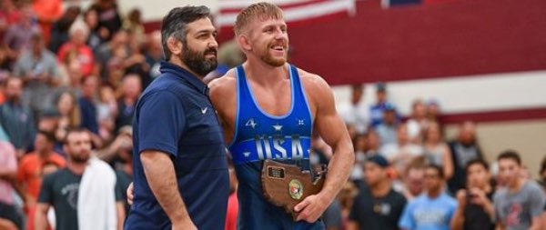 Kyle Dake (right) pictured with USA Wrestling Freestyle Head Coach Bill Zadick after Dake won a spot on the US World Team near Austin, Texas Saturday. Photo courtesy of Jodi Dake Kyle Dake