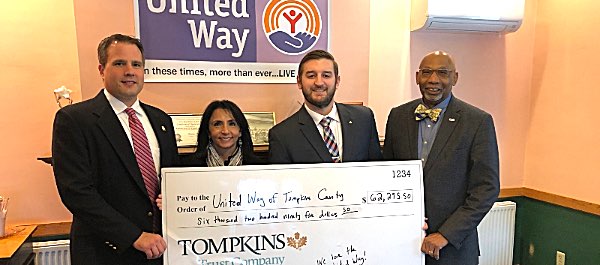 Left to right: Jason Moore (Tompkins Trust Company Commercial Lender & United Way Board Chair) Faye Burke (Tompkins Trust Company Senior Talent Acquisition Business Partner and United Way Campaign Co-Chair), Matt Forney (Tompkins Financial Advisors Wealth Advisor), and James Brown (United Way of Tompkins County President & CEO) tct unitedway