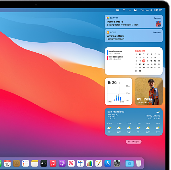 Notifications stack on top of widgets. That's fine in this picture with only two notifications, but when they really stack up widgets become much less convenient. Picture courtesy of Apple. macOS11 notificationcenter