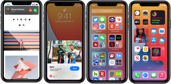 From left: New compact screen for receiving calls; App clips on the lock screen; the App Library; Mixing widgets with apps iOS 14