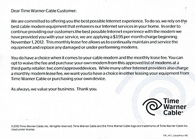 Time Warner Cable notified customers they will be charging $3.95 monthly for cable modems about a week and a half before the new lease fees kicked in twc_cablemodempostcard